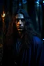 Placeholder: A male witch with long hair, orange eyes, in a dark forest at night, dark blue tone