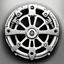 Placeholder: post-apocalyptic steering wheel vector icon in white color over the back background, stylized