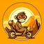 Placeholder: Monkey riding a scooter with sunglasses and a big smile, have a mountain sunset on the background, make a round logo, make the color brown