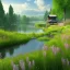 Placeholder: landscape 8k ultra realistic, beautiful, grass meadow with river, in a pastel style, willow