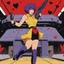Placeholder: Faye Valentine from Cowboy Bebop in her iconic outfit and her violet short hair, standing in a spaceship hangar, confidently firing her handgun in front of a large cardboard box with a red heart drawn on it. Bullet holes form the outline of a heart shape in the cardboard. Smoke curls from the fresh holes. She faces the box with one hip cocked, stylish and cool, wearing her iconic yellow crop top, red jacket, black shorts, and thigh-high stockings. Noir lighting, cinematic shadows, retro-futur