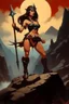 Placeholder: 1970's dark fantasy cover dnd style oil painting of a pinup barbarian witch in a minimalist far perspective.