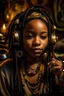 Placeholder: earthy black young woman listening to music with small old school headphones, soul, peace, majestic, earthy colours, at peace, happy, incense, jewels, bands, natural, old school headphones, blasian eyes, incense, very dark skin, crystals, gold arm bands, locs with beads, mouth slightly open, full lips with liner, baby hairs