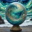 Placeholder: A translucent navy blue and glass platinum sphere filled with swirly ocean waves, inside a old village, flowy swirls, golden lines, 3D, alcohol ink effects, sprinkle glitter, pearls, beads.standing in front of a big wavy ocean in blue and green colors. fantastical, intricate detail, complementary colors, fantasy concept art,