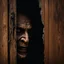 Placeholder: Close up of wooden door cracked open on other side an unsettling ghoulish decayed face stares back, horror photography by Joshua Hoffine and Rick Jones, photorealistic, zombiecore, creepy, uneasy, eerie dark colors, heavy shadows