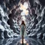 Placeholder: A full-body shot of a beautiful lady walking and looking at the camera 3D fractal interstellar world.3d recursive geometrical structure environment