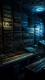 Placeholder: Si-Fi, The permanent under atmospheric lighting effects, a whole wall filled with synthesizers and electronic devises . intricate historical moody atmosphere, eerie grimdark ambiance, complex motherboard accents, speculative fiction art. Bokeh