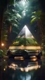 Placeholder: a car shaped like a pyramid in dark lit reflective wet jungle metallic hall dome hotel tunnel, in the style of a game,bokeh like f/0.8, tilt-shift lens 8k, high detail, smooth render, down-light, unreal engine, prize winning