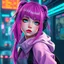 Placeholder: a pretty cyberpunk girl, bright coloured hair, storyteller and dreamer, young, futuristic, dystopia