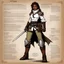 Placeholder: character concept sheet with AD&D statistics and characteristics, [illustration by Kevin Eastman and Peter Laird] she is a ranger: like a second skin of dark magic. Clad in a white tunic, brown pants, and a leather belt with mysterious pouches, her silver dagger in hand.