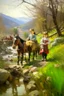 Placeholder: Spring in skåbu, sun, close up portrait of cute children walking in mountains by stream, horse, broken old tractor, prize winning oil painting