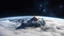 Placeholder: a fog planet's atmosphere is pierced by a single sharp mountain peak. a curved horizon separates the starry space. a single spark of light at the tip of the mountain's peak