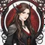 Placeholder: Icon or avatar. An arrogant looking young woman with pale skin and long brown hair in a fantasy setting with intricate details. She is smirking, wearing black and read leather, has red eyes, an air of malevolent power surrounds her. There is a dragon flying in the background. Anime style. High definition.