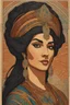 Placeholder: museum quality color woodcut of an ancient Arabian queen with highly detailed hair and facial features , in the style of Gustave Baumann, with a fine art aesthetic, highly detailed, finely cut ,8k render,no tattoos on the face