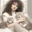 Placeholder: Portrait of woman with curly hair sitting in room full of clouds and fluffy kittens