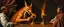Placeholder: portrait painted by Rembrandt, stupid looking fire breathing dragon fox at banquet, big chalice, all inside a board game