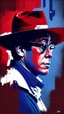 Placeholder: Gustavo Petro, comic style artwork, dark red and blue, wearing a wide-brimmed hat, wearing a white shirt, serious and thoughtful, full body