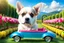 Placeholder: Here is the translation to English: "A beautiful dog with a human face sitting in a toy car in a flower and tree farm"