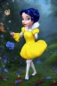 Placeholder: 4K Ultra-HD, Hyper realistic, cinematic lighting -- Snow White, short, bowl-cut black hair, blue eyes, Yellow skirt, blue blouse with short poofy sleeves, extremely pail skin, Rose pedals, wild animals, Castle, Full body image -- 4k, stunning, dramatic lighting, dramatic background, cinematic, atmospheric, very detailed, historic, powerful, octane rendering, exquisite detail, 30 - megapixel, 4k, 85 - mm - lens, sharp - focus, intricately - detailed, long exposure time, f8, ISO 100, shutter - s