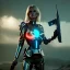 Placeholder: Ultra Realistic retro sci-fi movie war scene, waist up view portrait, blonde woman pointing a gun, sweet young Daryl Hannah face, perfect iris, glow eyes, makeup, weapon. War background, Retro sci-fi style, tight latex coat, fog, rain, soft color, highly detailed, unreal engine 5, ray tracing, RTX, lumen lighting, ultra detail, volumetric lighting, 3d, finely drawn, high definition, high resolution.