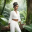 Placeholder: an opulent Indian woman with a bun, her welcoming smile beckoning me closer. She's dressed in a white crop top and billowy pants, both in a pristine white hue that contrasts beautifully against the lush greenery of the jungle. Leaning against a tree at the edge of the jungle