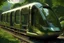 Placeholder: 8 seats elettric futiristic shuttle slowly drive on a train trak, in a wooded environment of a future city, solarpunk, realistic, high image detail, high image, quality less schuttle