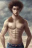 Placeholder: beautiful 12 year old arabic boy with long, curly hair and light blue eyes, not muscular, smiling, shirtless, embraced by his father