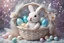 Placeholder: cute chibi plushy fluffy knitted and embroidered natural colored easter bunny in basket, feathers, easter eggs, iridescent flowers incorporated, light emitting, cracked bioluminescent holographic marble background, silver foil, sparkling diamonds, holographic raw pearls, ethereal, cinematic postprocessing