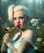 Placeholder: Ultra realistic wonderland photo, happy blonde woman smoking a pipe, blue dress, white rabbit pet, circus dress style, old school tattoo, smoke, marijuana garden, glow eyes, perfect iris, soft color, highly detailed, unreal engine 5, ray tracing, RTX, lumen lighting, ultra detail, volumetric lighting, high definition.