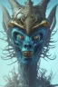 Placeholder: blue alien, cracks in the head, evil, Asian eyes, weapons, blood, 8k, finely detailed, photo realistic, Boris Vallejo style turquoise skull head gold dragon space alien rain skeleton Viking helmet Black background