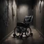 Placeholder: Hyper Realistic wheelchair in between of a dark hallway at night with peeling wall paint & scratch marks on wall