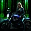 Placeholder: Very attractive woman sitting on a motorcycle. The bike is Yamaha. In the background is a forest. Credible details. Photorealistic. 4K. Wide-angle lens.