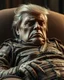 Placeholder: a chubby really old decomposing male mummy, looks similar to donald trump, eyes closed, leaned over in a brown chair
