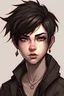 Placeholder: gender neutral character, with piercing and expressive eyes, short dark and rebellious hair that is usually kept in a practical and stripped-down style.