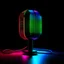 Placeholder: neon microphone on a black mirror table