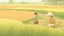 Placeholder: Rice field，Trees，Warm color palette，Animation，A lovely grasshopper，People who work