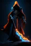 Placeholder: the epic sorcerer known as The Shadow of Death carrying the staff of death and destruction. blue and orange. fantasy art, Cinematic lighting, Volumetric lighting, Epic composition, octane render