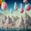 Placeholder: A landscape shot In the background A mountain made of cakes . above the mountain are pink and blue cumulus clouds made of cotton candy. a forest of lollipops and candy canes surround the lake. in the center a large ice cream float that is a lake. Groups Gingerbread people are sunbathing under a sunflower sun. Some gingerbread people are drinking from the lake