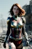 Placeholder: ultrarealistic, ruined city,__skimpy sci-fi armor__, __angles__, 18 year old woman, strikingly beautiful,ginger hair, _colour_, [__starlets__|__starlets__], (pale __skincolor__ skin:1.2), __camera__, _hair_, detailed face and eyes, medium breasts, leather choker, freckles, dynamic pose, resolved expression, __accessory__, strappy outfit, (straps:1.1), sword in scabard on left hip, (buckles, buttons, snaps, rings:1.0), haltertop style breastplate, detailed eyes, plump lips, sci-fi theme