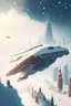 Placeholder: spaceship flying low over a snow-covered city