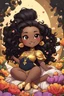 Placeholder: A sassy thick-lined comic book art cartoon black chibi girl lounging lazily on her side, surrounded by flower petals. She has a golden lion tail curling playfully behind her curvy body. Looking up coyly, she grins widely, showing sharp lion teeth. Her poofy hair forms a mane framing her confident, regal expression.