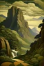 Placeholder: A grayish brown giant mountain near a canyon painted by Paul Ranson