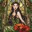 Placeholder: Stained Glass Art Nouveau art style A beautiful as a model asian woodland elf princess who looks like a young Lucy Liu seated on a throne surrounded by poppies and marijuana leaves in a mystical forest, photo-realistic