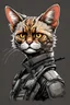 Placeholder: create a wild caricature of a grizzled streetwise cyberpunk female mercenary Rex cat highly detailed with refined feline features in the cartoon caricature style of Gerald Scarfe , precisely drawn, boldly inked, vividly colored, 4k