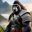 Placeholder: a gorilla female with dreadlocks, clad in intricate samurai armor, stood poised on high guard, her keen eyes scanning the horizon for any sign of danger. In her powerful grip, she wielded a gleaming katana, its blade reflecting the light with a deadly glint.
