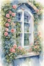 Placeholder: a view of an open window from outside a cottage, with blue wood shutters half open, a lace curtain ans a tea cup can be seen inside, the window has a window box under it with spring flowers draped over the side. A blooming vine of climbing roses arches across one side of the window.Illustration style watercolor