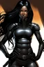 Placeholder: A dark-skinned space warrior woman with long black hair, wearing a black leather catsuit and carrying a plasma rifle