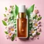 Placeholder: white bottle for cosmetics, beautiful spring background in the background, highly detailed picture, top view