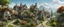 Placeholder: A busy surrealist market in a beautiful sunny countryside scene with distant hills & fields, many conjoining intricate characterful dwellings & a clock-house (designed by Esher & Dali), pathways & walkways, stairways & bridges, waterfalls & a waterwheel : ultra high detail, photorealistic, epic cinematic, 8K, Large depth of field