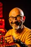 Placeholder: Portrait of a man with a radio helmet on his head. Wearing glasses. A small beard of pepper and salt. He is bald. White. He is a metal fan and smiles. Flames surround him. In the background, a robot gives him a finger.